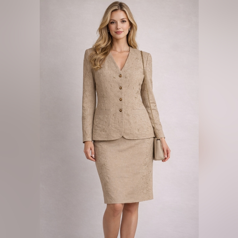 Vtg Embellished Kasper 2 Piece Long Sleeved Suit Skirt Tan Embroidery Beads 12P